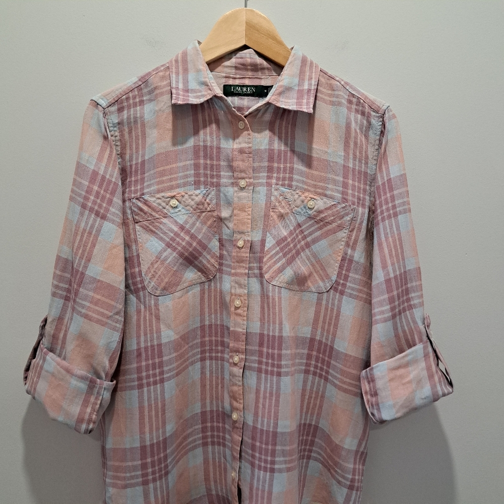 LRL Pastel Plaid Linen Button-Up Classic Coastal Cottage Preppy Shirt Womens M - Picture 6 of 14